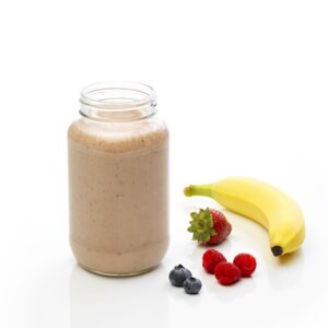 Berry shake with banana, strawberries, raspberries, and blueberries
