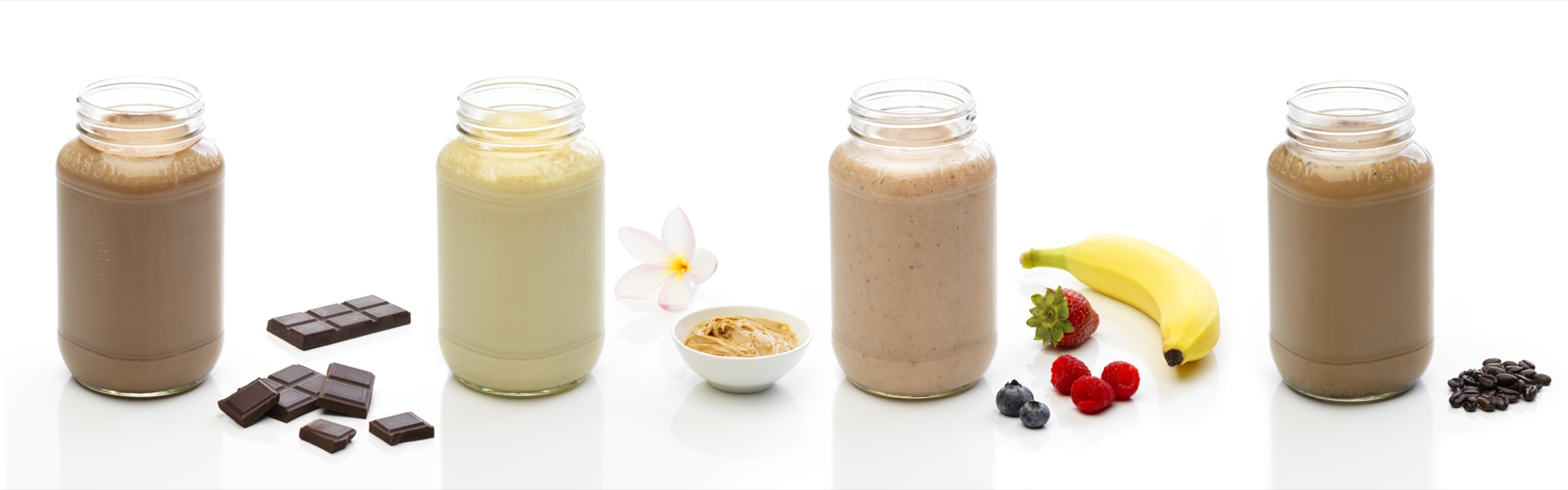 Four T&M flavors: chocolate, vanilla peanut butter, berry, and coffee